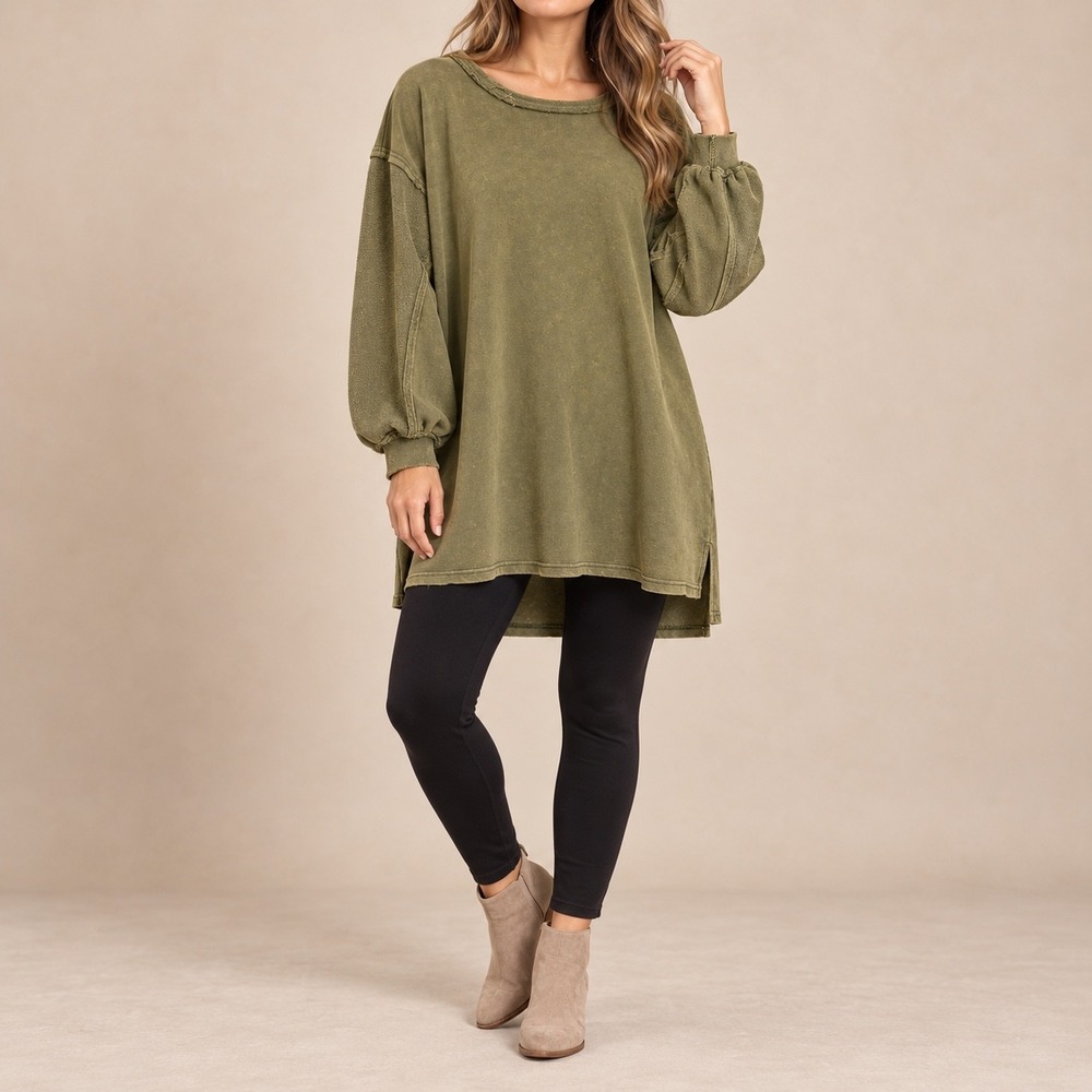 M 219 Umgee Olive Mineral Wash Cotton Blend Balloon Sleeve Tunic Sweatshirt